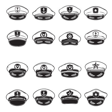 Collection of Captain Hats with Nautical Emblems and Laurel Wreaths Vector Graphics