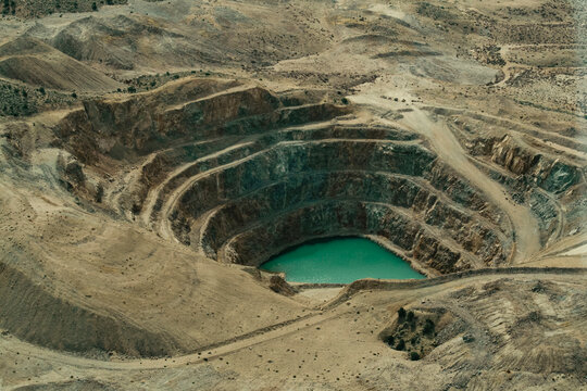 Mojave Desert, Nevada, United States. Aerial view of a copper mining pit