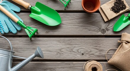 Gardening Tools and Supplies Arranged on a Wooden Surface.