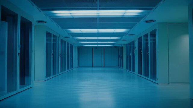 Data center aisle featuring rows of server racks, showcasing a secure and efficient environment for cloud computing, network infrastructure, and digital information storage bathed in cool blue light