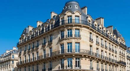 Fototapeta premium Elegant parisian architecture featuring a detailed building facade under a blue sky
