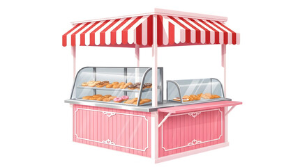 Charming Pink Bakery Kiosk with Red Striped Awning, Displaying Fresh Pastries and Donuts in Glass Cases