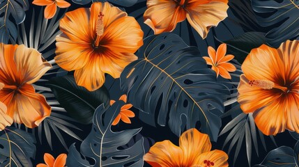 Fototapeta premium Vibrant orange hibiscus flowers with dark green leaves create a tropical pattern. The background is deep blue, enhancing the floral design.