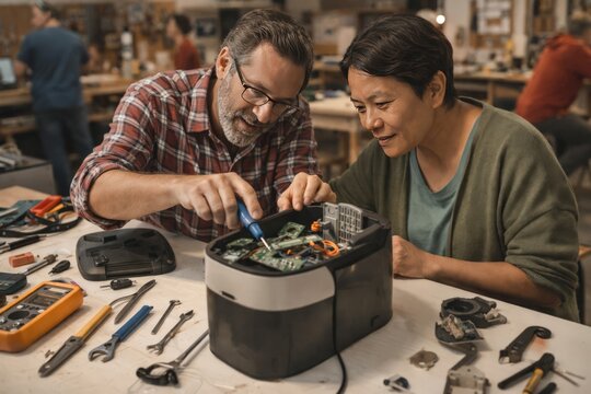 Couple repairing small appliance in workshop together
