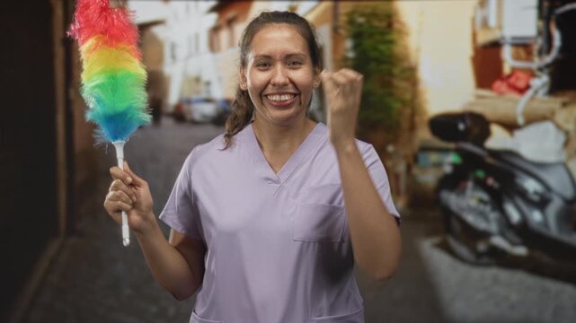 Young hispanic woman cleaner in lavender scrubs holding a rainbow feather duster with hand to mouth gesture on a cobblestone street; surprise playful energy.