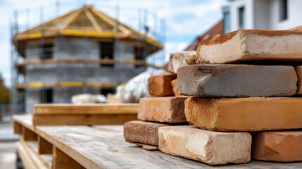 Construction of new building with bricks on roof, architectural development, building project, defocused structure, with copy space