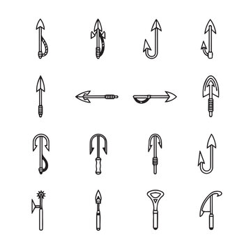 Collection of Fishing Hooks and Harpoons Arrows and Tools Icons