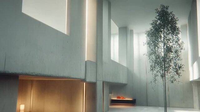 Minimalist concrete interior with an indoor pool reflecting soft light, featuring a comfortable bed, warm accent lighting, and a solitary tree cultivating a serene, luxurious atmosphere