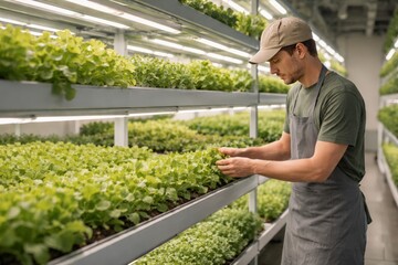 Obraz premium Worker inspecting leafy greens in vertical hydroponic farm