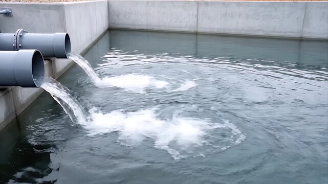 Water Treatment Process Industrial Facility Two Large Pipes Discharging Water Into Concrete Basin Bubbles Forming In