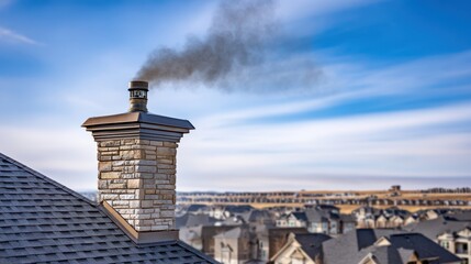 Elegant chimney with dark smog rising from rooftop, showcasing stone masonry and copper trim amidst suburban houses under clear winter sky