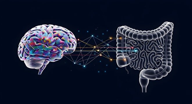 Vibrant brain gut connection illustration showing neural network