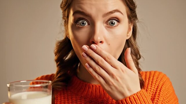 A young woman with an expressive face and wide, startled eyes covers her mouth with one hand, conveying a strong sense of surprise, shock, or disbelief. She holds a clear glass of milk in her other ha