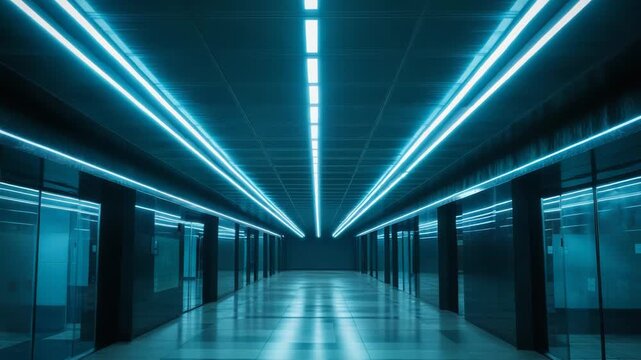 Sleek, long corridor featuring reflective flooring and multiple dark elevator doors, all bathed in the intense, symmetrically arranged neon blue light of a modern, empty interior space