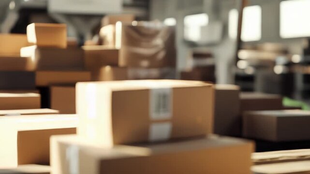 Cardboard boxes with shipping labels travel on a conveyor belt in a busy distribution center, illustrating automated e commerce logistics, efficient sorting and delivery processes