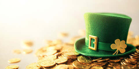 Green St Patricks Hat Surrounded By Gold Coins On Light Background