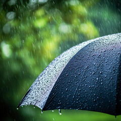 Black Umbrella Under Heavy Rainfall With Green Background