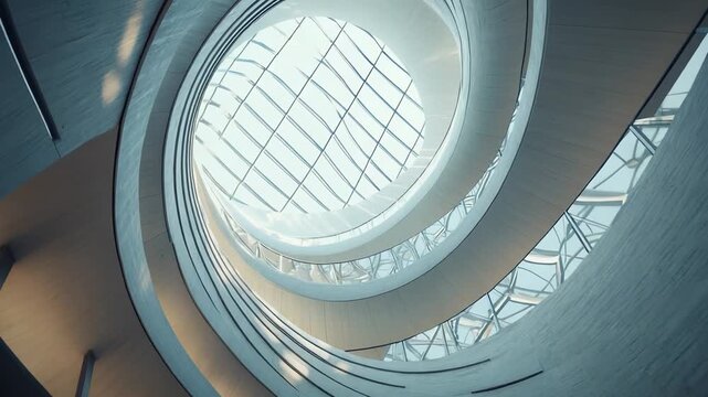 Indoor spiral atrium with curving balconies and glass skylight, elegant geometric lines and light creating a dynamic, futuristic interior perspective looking up
