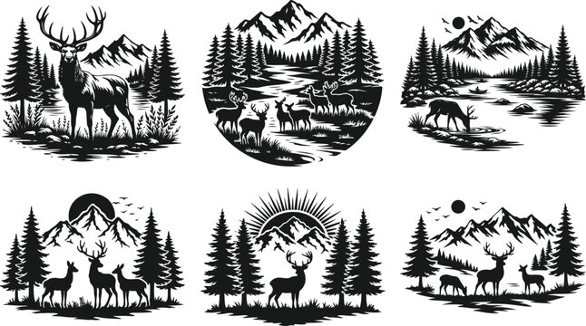 Majestic Stag and Deer in Mountain Forest Landscapes Vector Illustration Flat Design