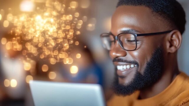 Smiling Visionary: A modern professional, beaming with satisfaction while immersed in a digital device, his face is illuminated by a dynamic and brilliant explosion of light.