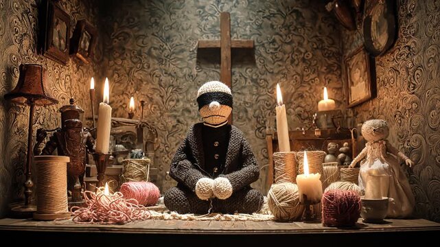 Creepy Handmade Doll in Shadowy Room with Spiritual Candles and Vintage Decor - Ominous Atmosphere and Nostalgic Objects in Dark Interior