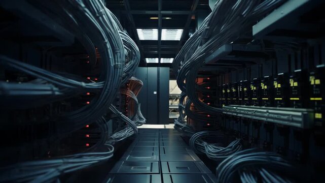 Server room interior with rows of server racks, tangled network cables and glowing leds, illustrating high speed digital infrastructure, cloud storage and connectivity