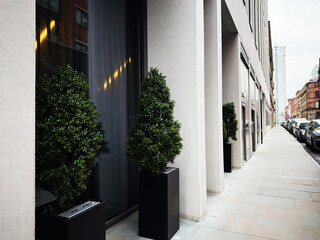 Naklejka premium Modern urban street scene in Manchester with storefronts, planters and pedestrians