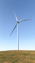 Single Wind Turbine On Hill Under Clear Blue Sky