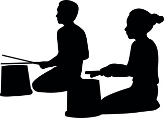 children playing drum, silhouette vector