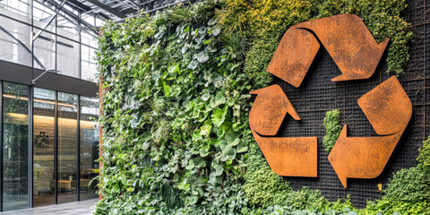 Wooden Recycling Symbol On Vertical Green Garden Wall