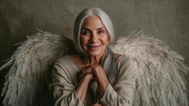 Striking portrait of a mature woman with ethereal white wings, looking directly at the camera. Intimate pose, serene expression. Symbolism of hope, spirituality, and graceful aging.
