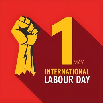 Happy International Workers Day concept with labor symbols and industrial background