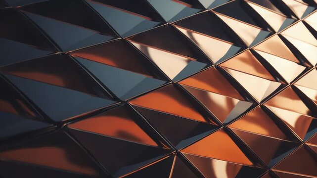 Copper triangular panels create an abstract geometric facade, warm metallic tones and reflective highlights forming a tessellated pattern of triangles and rhombuses on a modern building