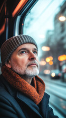 Urban Portrait Of Mature Man Riding Public Transportation