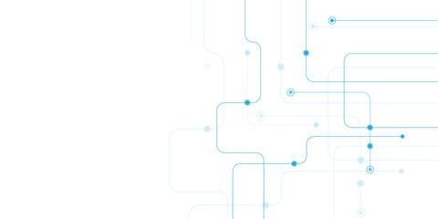 Abstract light blue circuit board lines and dots pattern on a clean white background with copy space
