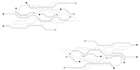 Obraz premium Abstract black and gray circuit board lines with dots and squares forming two distinct patterns, isolated on white background