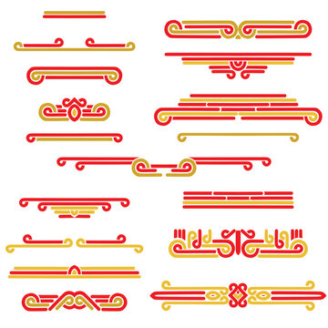 Braid and stripes in chinese style. Red and gold template symbols. Ethnic ornament .Trendy print for design. Vector set.
