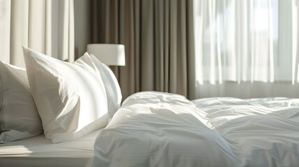 Close-Up Of A High-End Hotel Bed Corner Crisp White She Background with Copy Space