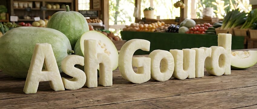 Fresh Ash Gourd Display With Hand Carved Vegetable Letters