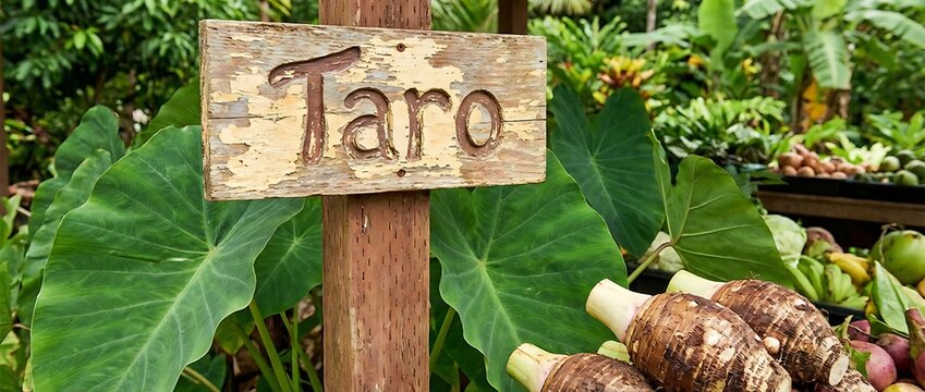 Rustic wooden sign marking taro plants in tropical garden