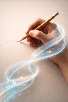 Hand drawing line with pencil and digital data swirl
