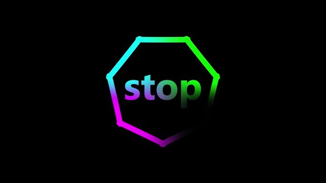 Octagonal stop sign with gradient colors from purple to blue to green on a black background with subtle shadow effect and connected dots forming the outline of the sign Keywords: stop sign