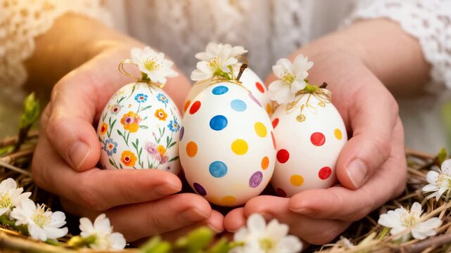 Hands holding beautifully decorated polka dot eggs, celebrating Orthodox Easter Monday, symbolizing spring, new life, hope, and traditional holiday festivities. Easter Monday