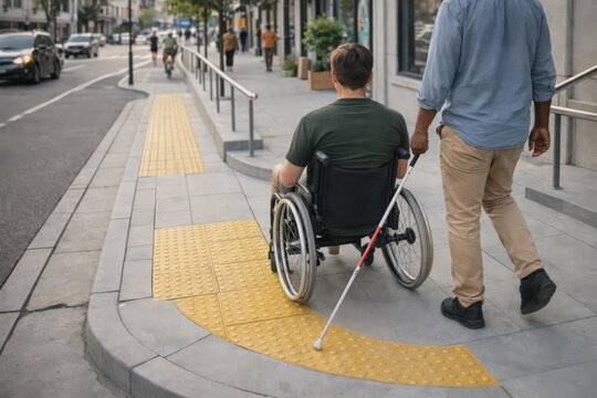 Accessible city sidewalk with wheelchair and white cane users
