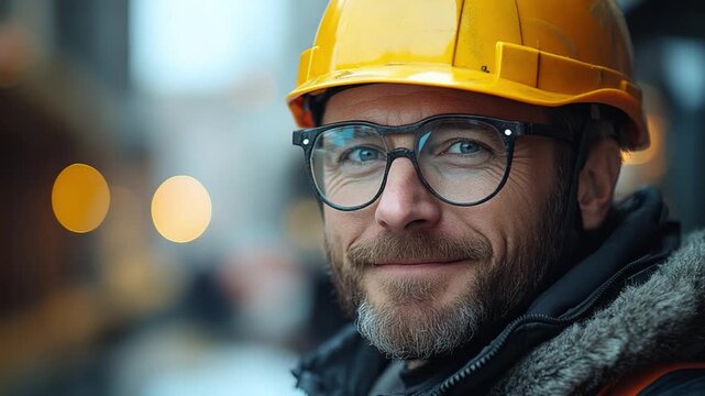 Smiling Engineer: A confident and experienced engineer, adorned in a yellow hard hat and stylish glasses, offers a warm smile, radiating professionalism and expertise in his field.