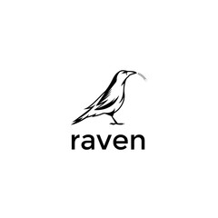 Fototapeta premium Raven bird logo vector featuring a black silhouette holding a grain of wheat in its beak