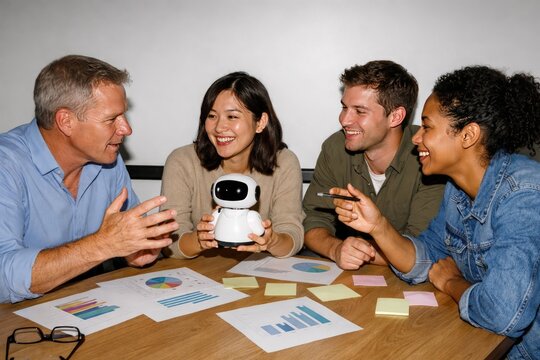 Diverse team discussing AI robot prototype in office meeting