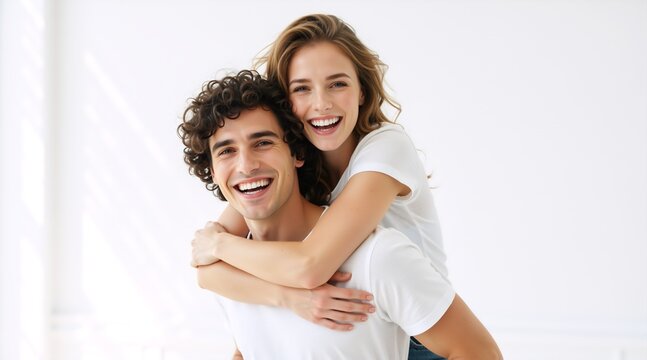 Joyful young couple laughing during a piggyback ride. Happy man and woman in white t-shirts against a white background. Love and relationship concept