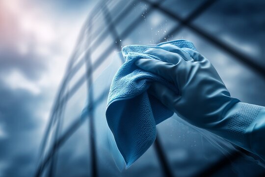 A gloved hand wipes a glass pane, streaks catching cool blue light against a cloudy sky. The image symbolizes clarity, renewal, and the quiet diligence of cleaning and care.