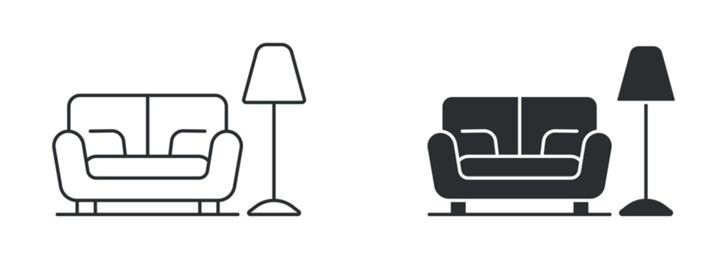 Living room furniture icon set, sofa and floor lamp symbol, home interior vector illustration